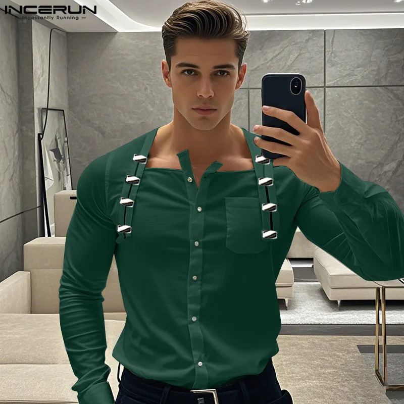 

INCERUN Tops 2025 American Style Handsome Men's Fashion Collarless Button Design Knitted Shirt Casual Simple Long Sleeved Blouse