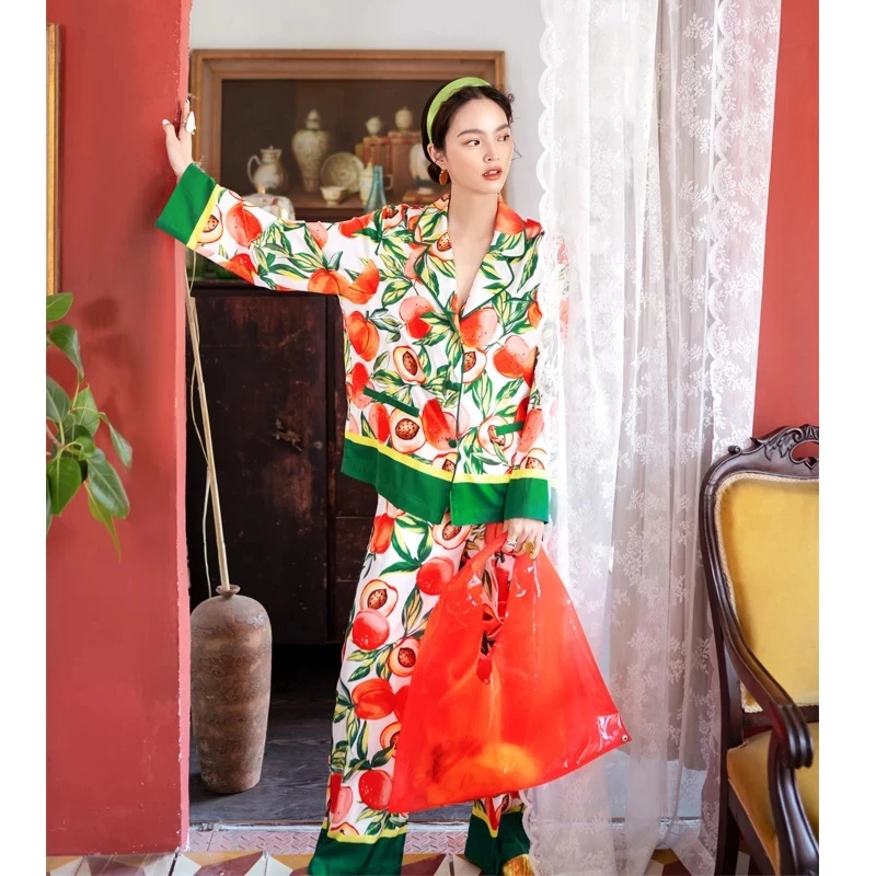 2024 Spring Autumn Turn-down Collar Tropical Printed Silk Satin Pajamas Set Sleepwear Loungewear for Women Pyjama Femme 2 Pieces