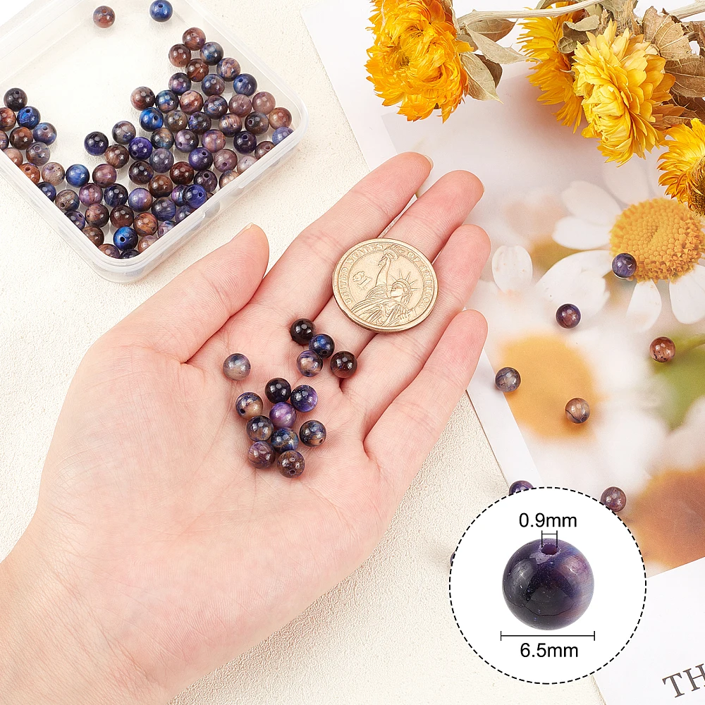 2 Strands Galaxy Tiger Eye Beads Strands Round Dyed Heated 6.5mm Hole: 0.9mm 63~64pcs/strand 15.55~15.94 inch(39.5~40.5cm)