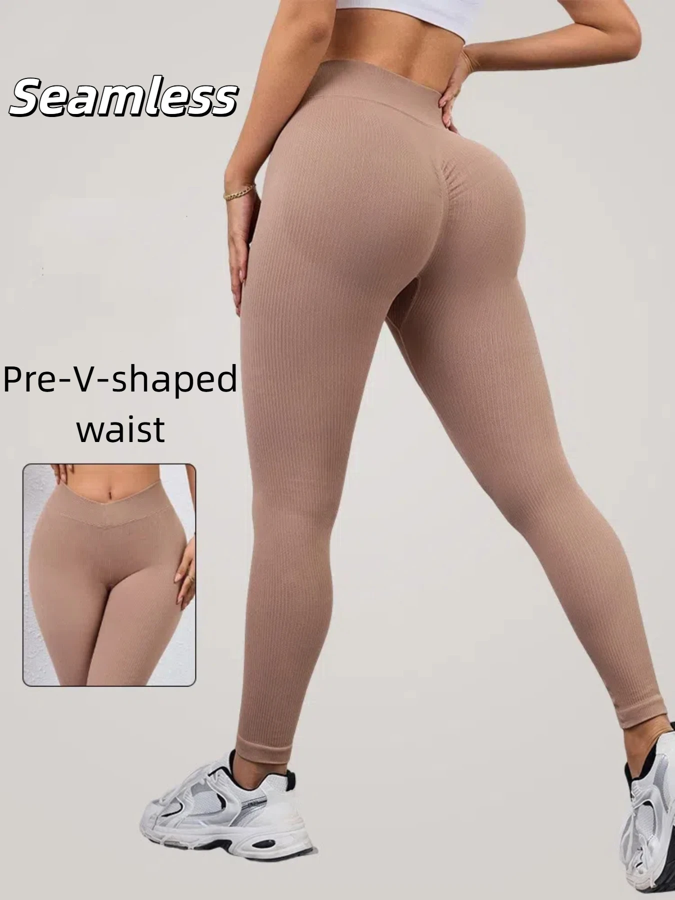 Legging Wanita Desain Pre-V Tanpa Jahitan Pinggang Tinggi Pengontrol Perut Celana Olahraga Nyaman