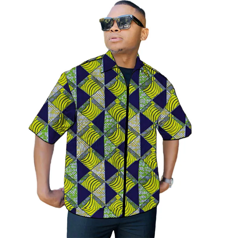 African Couture Men's Half Sleeve Coat Nigerian Fashion Original Design Men's Zipper Jacket Turn Down Collar Made To Measure