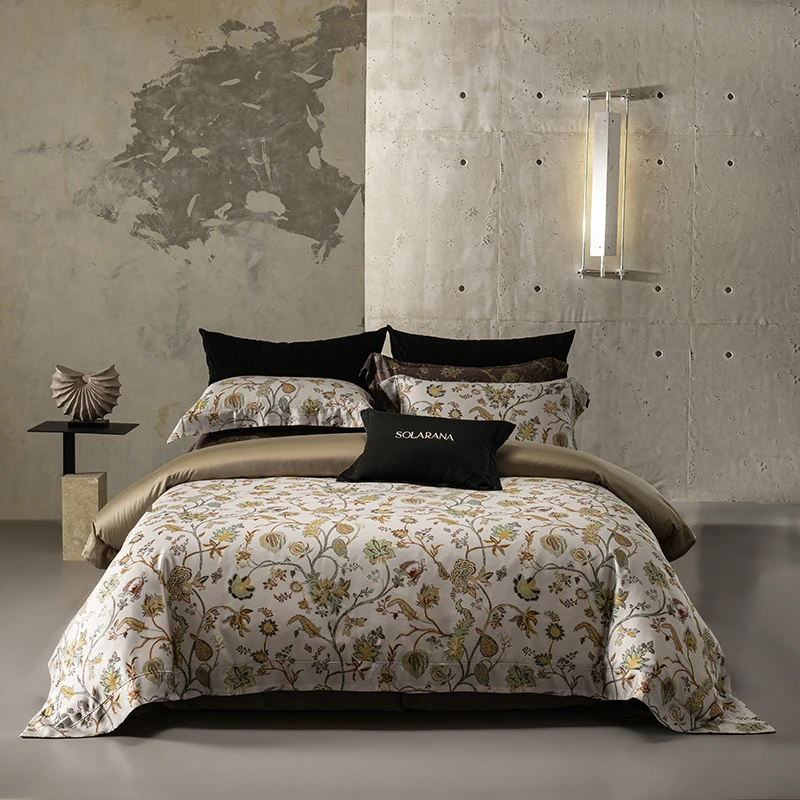 Luxury Vintage Vine Floral Print Bedding Set Soft Silky High Count Lyocell Duvet Cover Set Pillowcase King Queen 4Pcs Bed Linen