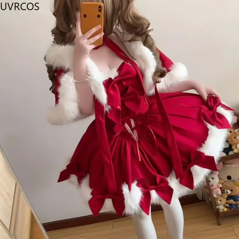 Japanese Sweet Lolita Style Dress Sets Women Cute Plush Shawl Short Hooded Cloak Bow Mini Skirt Kawaii Red Christmas Lolita Suit