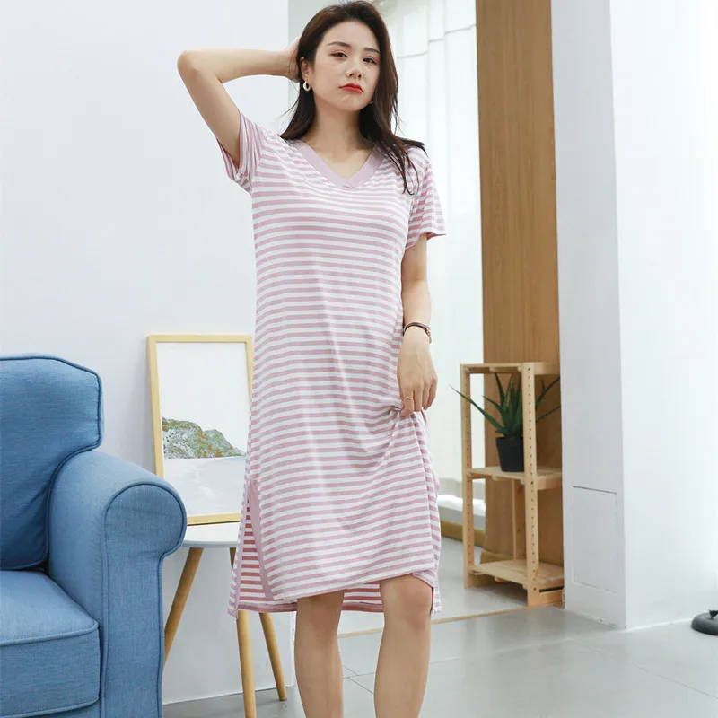 Fdfklak Nightdress Women Modal Summer Dress Striped Sexy Backless Chest Pads Loose Home Clothes Outside Wear Nightgowns Female
