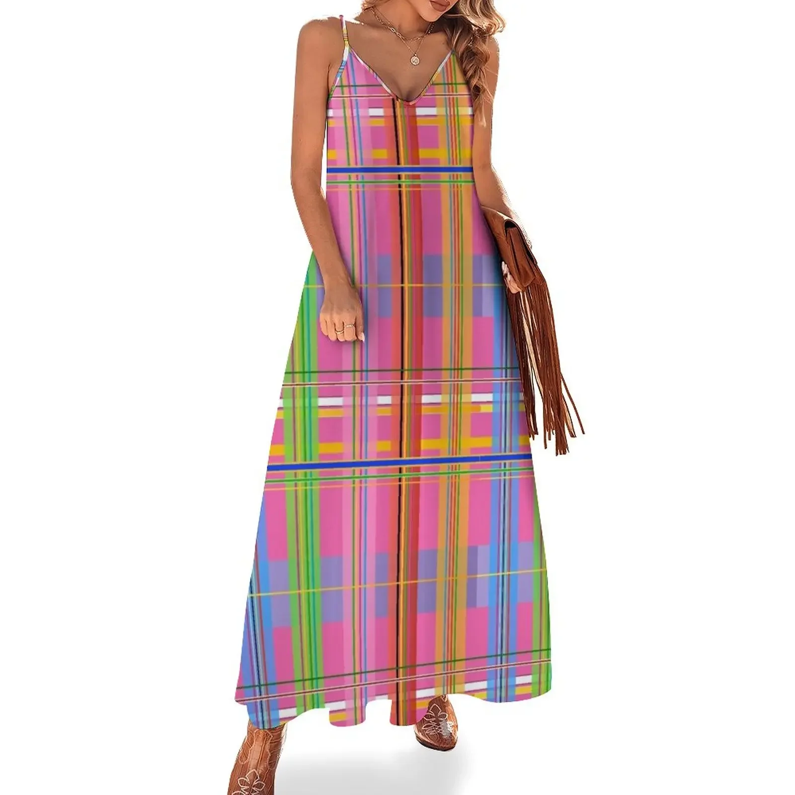 

Bright Plaid Colors Sleeveless Dress Female clothing women evening dress Dress woman