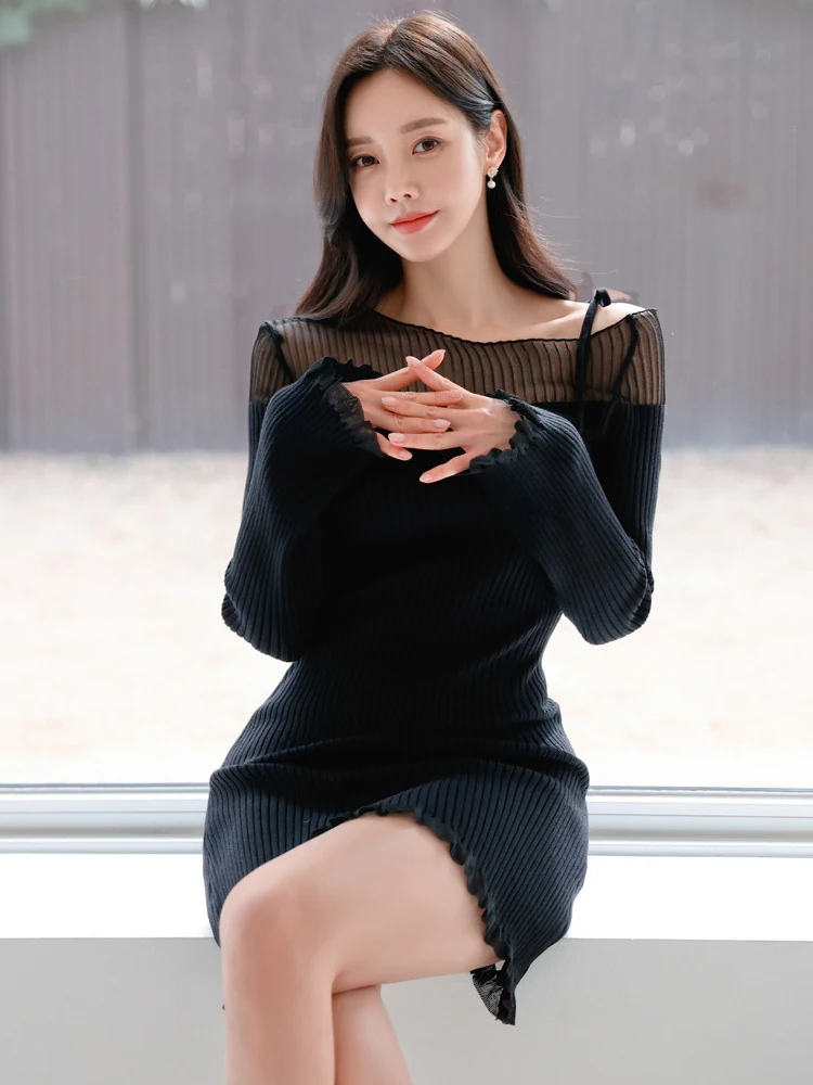 Frauen Kleidung Herbst Winter Strick Sheer Sexy Slash Neck Dünne Kurze Kleid Elegante Damen Pullover Casual Mujer Vestidos Neue