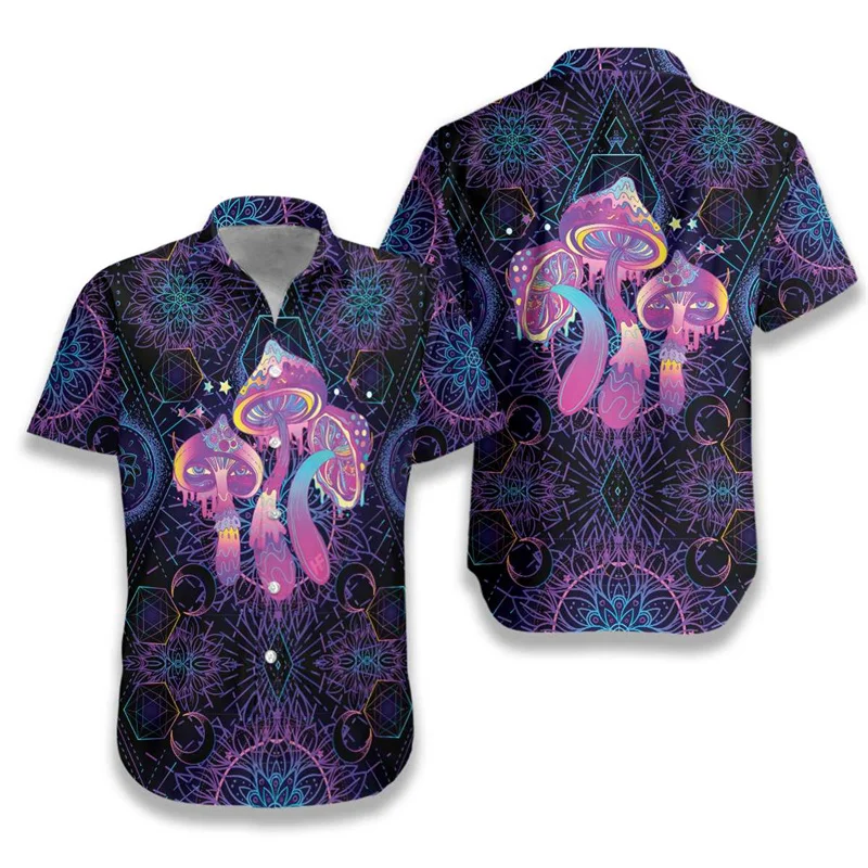 Magic Mushroom Pattern Aloha Shirt For Men Hippie 3D Printed Psychedelic Short Sleeve Loose Lapel Hawaiian Shirts Summer Blouses