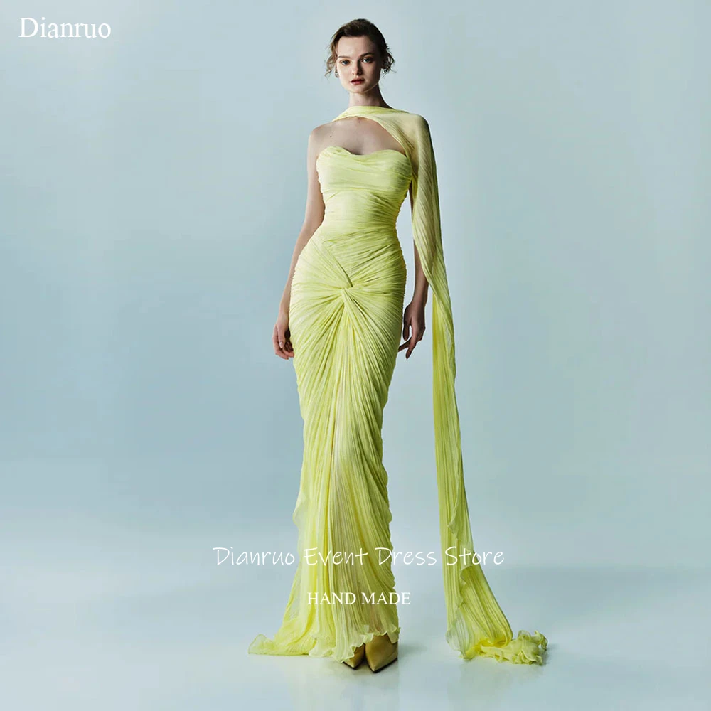 

Dianruo Pastel Lemon Yellow Pleated Evening Dress Chiffon Ribbons Party Gowns Mermaid Elegant Vestidos De Graduación Customized