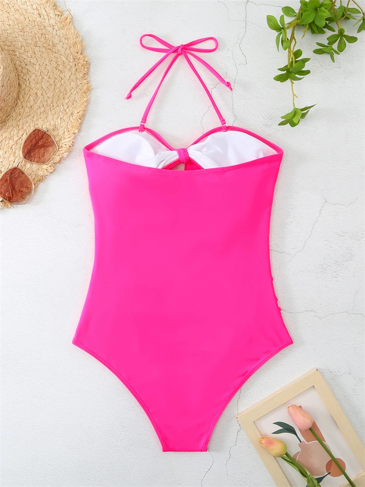 One Piece Women Swimsuit 2023 New Solid Halter Bow Swimwear Push Up Sexy Bodysuit Monikini Summer Beach Wear Bathing Suit Female