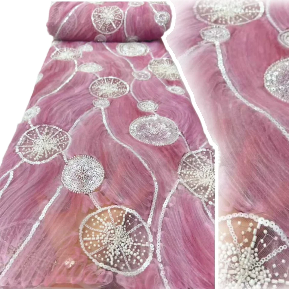 

Hot African Pink Lace Fabric 2025 High Quality French Sequins Embroidery Beads Tulle Lace Fabric for Party Dress 5 Yards SZ1396