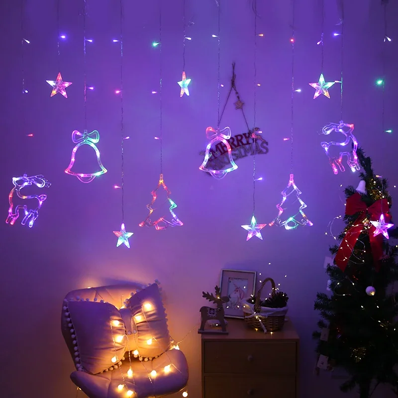 Christmas Fairy Curtain String Lights 3.4M LED Star Deer 220V 110V Garland Festoon for Xmas Tree New Year Navidad Party Decor