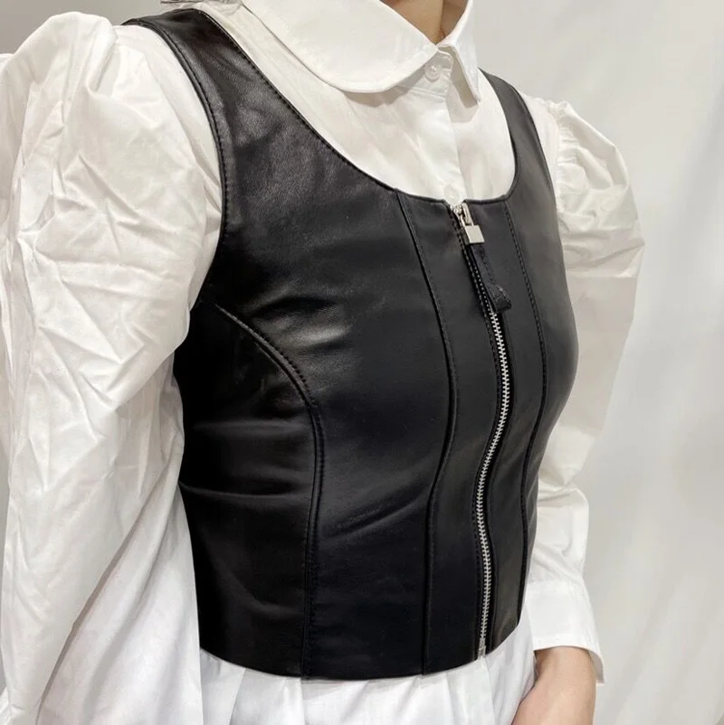 Women\'s Genuine Leather Vest Female Korean Fashion Simple Round Neck Black Gilet Mujer y2k Clothes Slim Corset Tops Streetwear