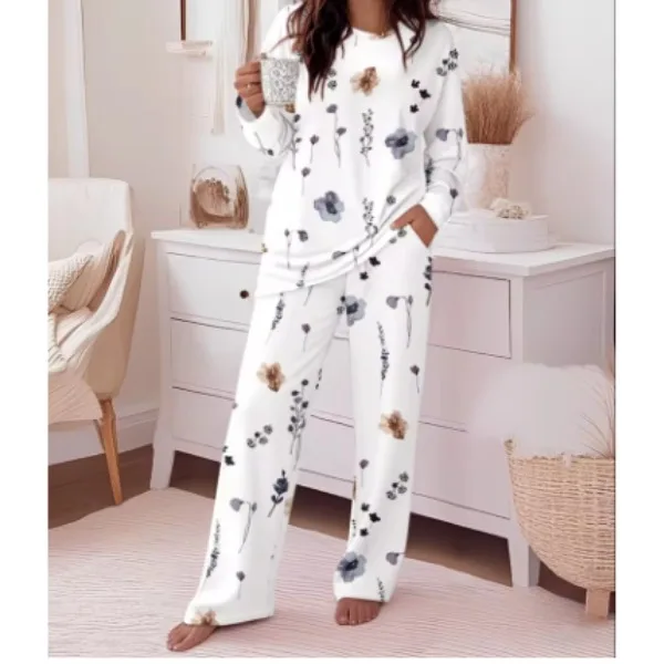 

Домашние комплекты из двух предметов. Женский осенний комплект 2023. Круглый вырез с цветочным принтом и карманами. Повседневная одежда для отдыха. Топ с длинными рукавами и брючный костюм с цветочным принтом.