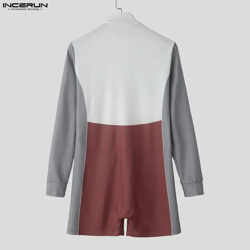 INCERUN الرجال داخلية الطباعة المرقعة اللون كتلة سستة طويلة الأكمام Playsuits الرجال السروال القصير الشارع الشهير تجريب ارتداءها غير رسمية