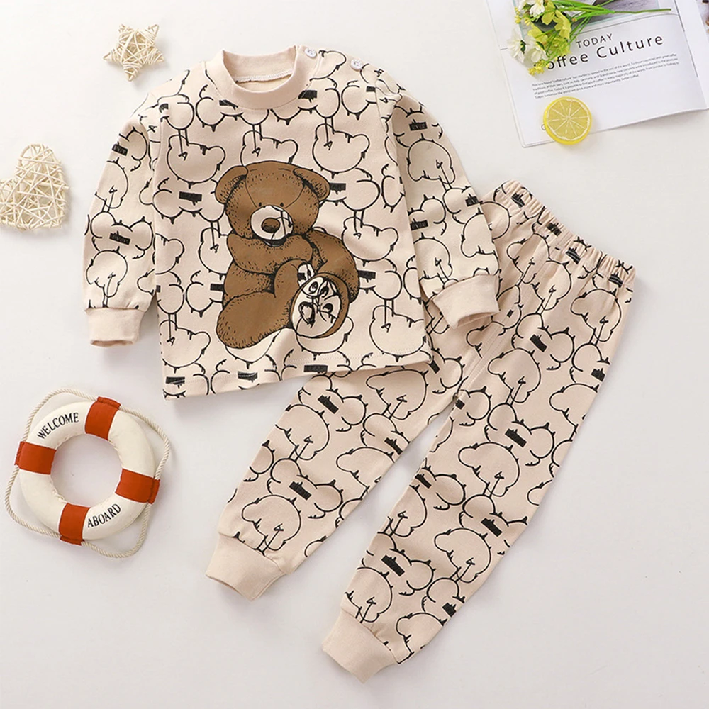 2 шт., пижамный комплект с полным принтом и нижней частью, детский пуловер с принтом медведя из мультфильма + штаны, костюм с капюшоном, детская одежда для сна с длинными рукавами