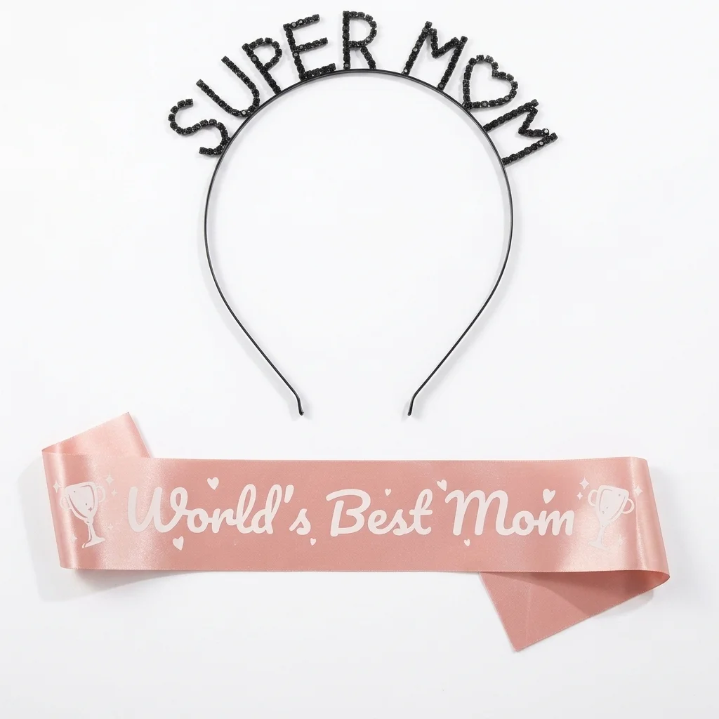 

Elegant Golden Super Mom Rhinestone Headband World's Best Mom Sash Set for Women Mother's Day Birthday Party Hair Accessories