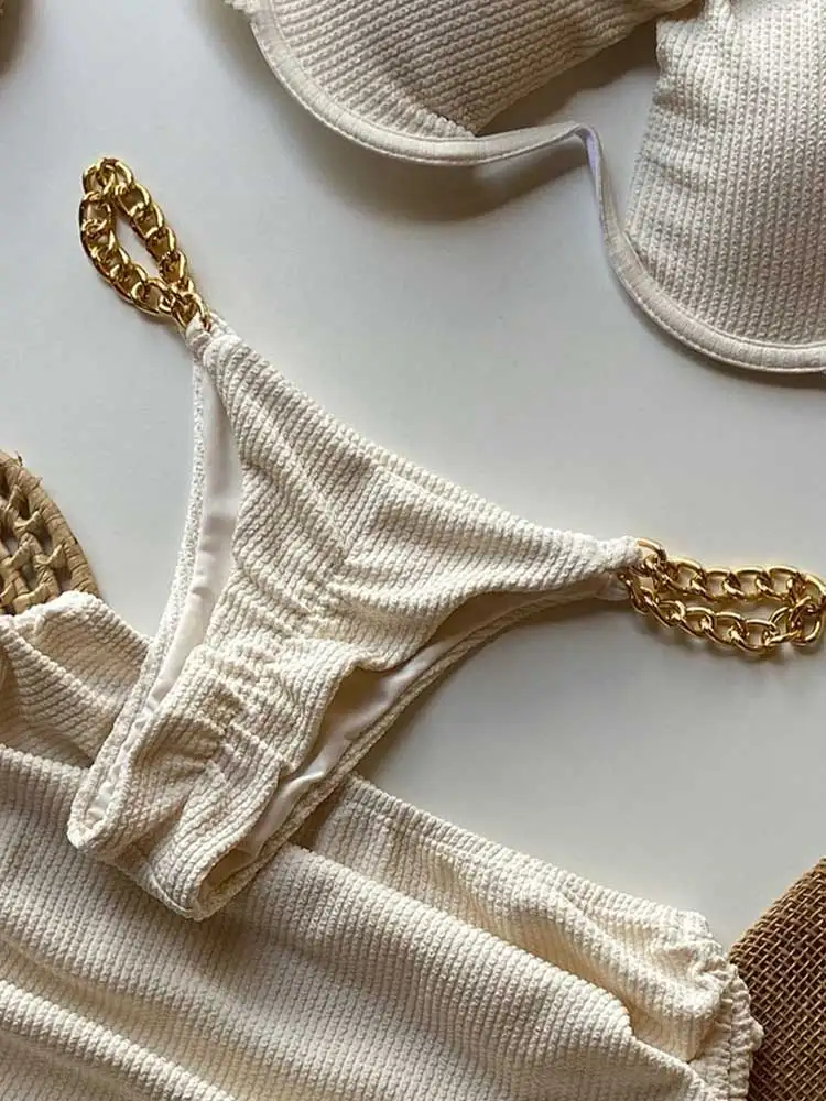 3-teiliges strukturiertes Bikini-Set für Damen, Neckholder, Badeanzug mit Bindeband und Kordelzug, Strandröcke, vertuschen, hoch geschnitten, dreieckige Badebekleidung, S56