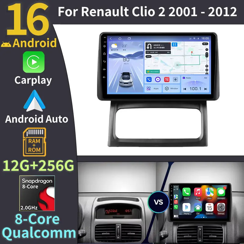 Android 16 Car Radio For Renault Clio 2 BB CB 2001 2002-2012 Multimedia Video Player 2 din GPS Navigation Touch Screen Wifi 5G