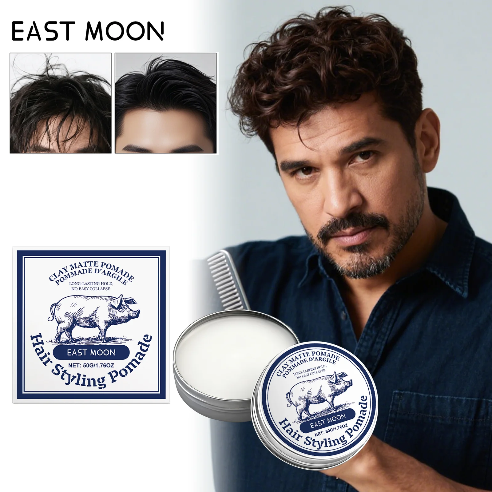 طين شعر رجالي، عقد قوي، لمسة نهائية غير لامعة، مظهر طبيعي، غير دهني، منعش، سهل الغسيل لجميع أنواع الشعر 50 جرام #1