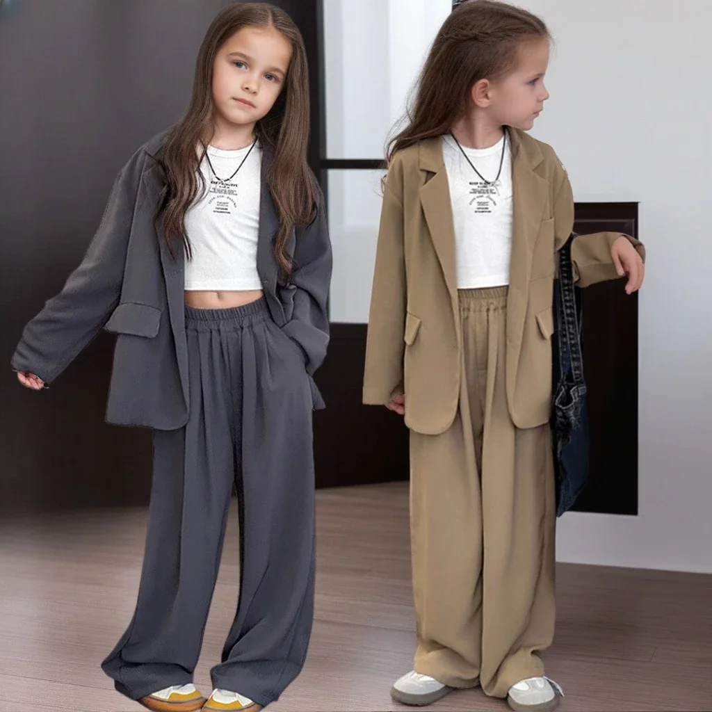 

Комплект блейзера для девочек, весенне-осенняя модная свободная куртка, брюки, комплект из 2 предметов, детская повседневная одежда, модная школьная детская одежда, костюм