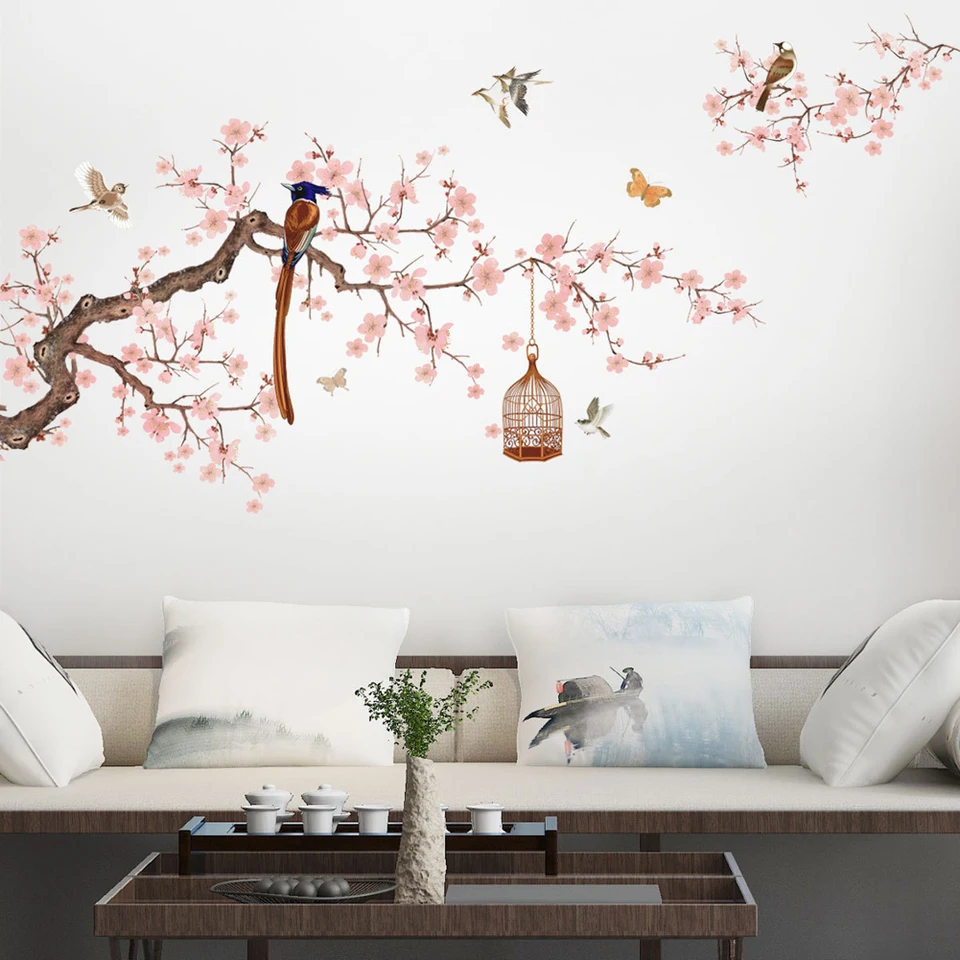 Chinese Style Flower Bird Illustration Wall Stickers Bedroom Living Room Sofa Background Decor Decals Home Decoration Wallpaper