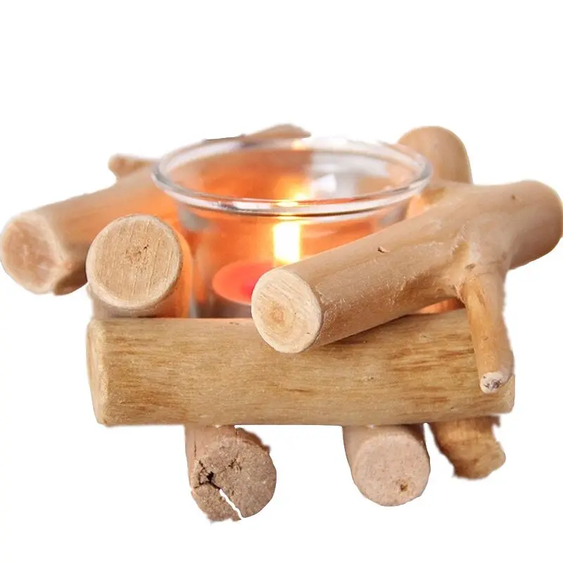 Minimalist Natural Wood Driftwood Candle Holder Rustic Glass Creative Ornament Photography Prop Home Wooden Desktop Decoration