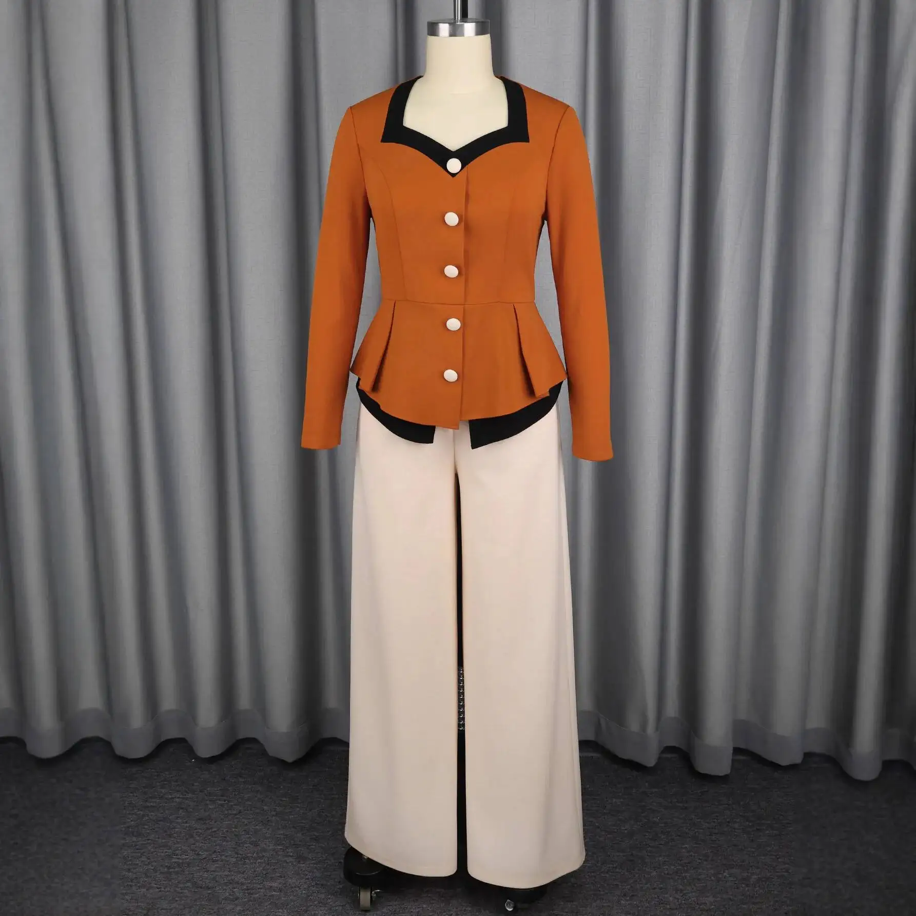 Fashion lady Versatile Two-Piece Set Color-Block Square Neck Ruffle Top Wide-Leg Pants Suit