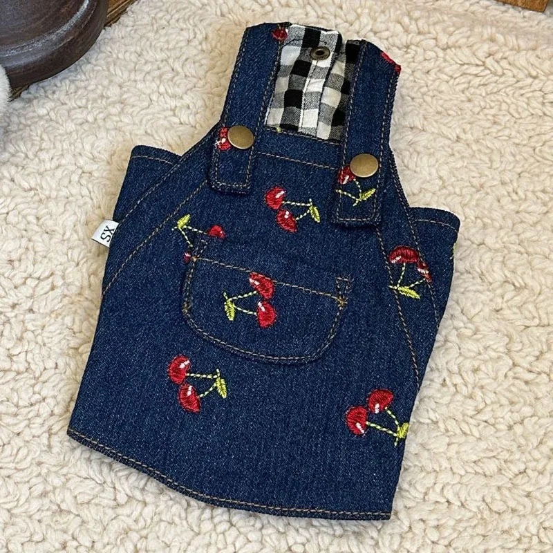 Blue Denim Dog Dress Cherry Pattern Dog Clothes Cowboy Strap Skirt Puppy Coat Dresses For Small Dogs Chihuahua Pet Apparel XS-XL