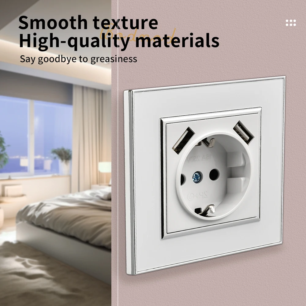 WESA-مقبس طاقة أكريليك عاكس أسود مع 2 USB ، منفذ كهربائي قياسي أوروبي ، قابس أرضي ، مقبس حائط ، مانع للهب #2