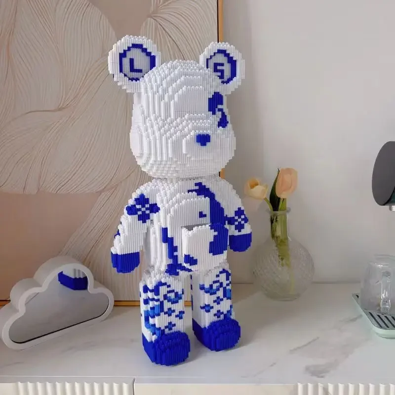 Chinese Style Blue and White Porcelain Violent Bear Building Block Small Particle Assembly Children\'s Puzzle Toy