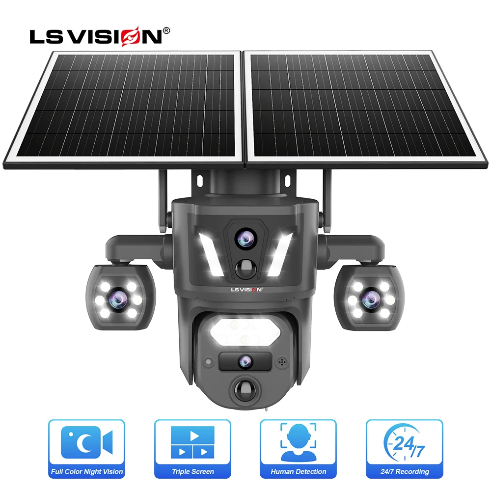 Camera With Solar Panel Battery Powered Wireless PTZ  Solar Camera  WiFi Outdoor Waterproof Triple Lens 5K Security