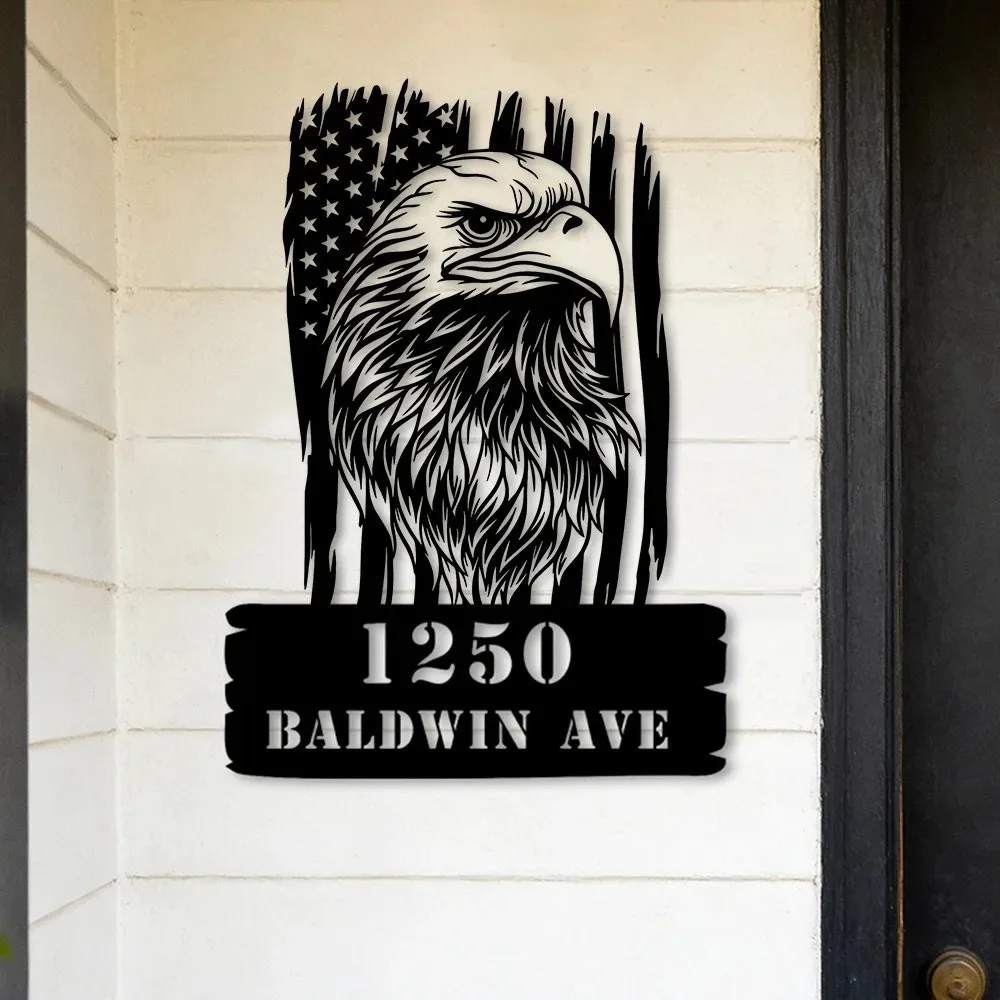Customizable Eagle Flag Rustic Metal Address Plaque, Weatherproof Outdoor Entry Garage Wall Decor Gift for Dad & New Home Housew