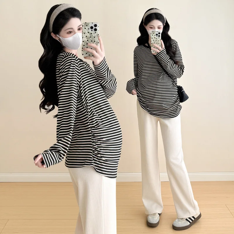 2025 New Maternity T Shirt Spring Autumn  Striped Long Sleeve Knit T Shirt Loose Round Neck Base Layer Versatile Top