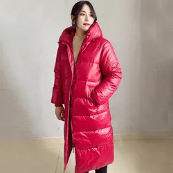 Winter Parkas Women Fashion Straight Loose Coats Women Elegant Pockets Long white duck down Jackets Female Ladies brighting