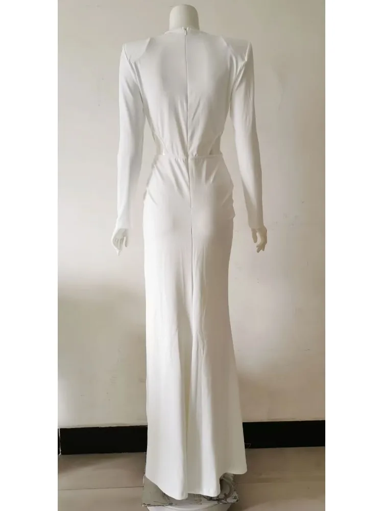 BEVENCCEL 2023 New Women's White Long sleeved Sexy V-neck Pleated Hollow High Split Elegant Celebrity Party Long Evening Dress