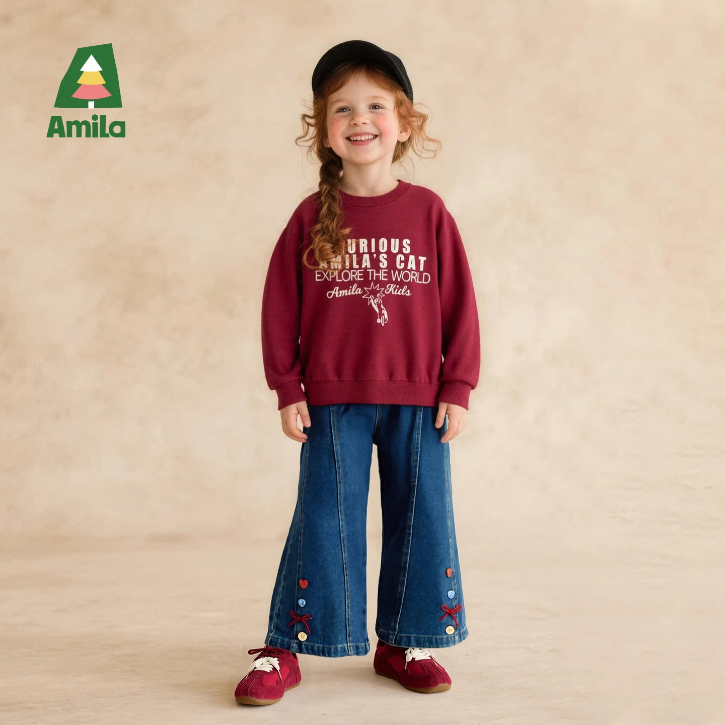 

Детские зимние свободные плюшевые ковбойские широкие брюки Amila Kids в стиле ретро, темно-синие ноги с игривым декором для повседневного простого использования