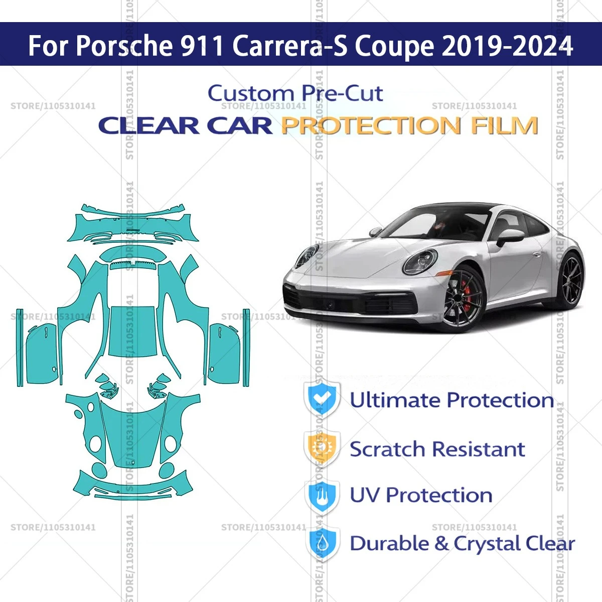 

Защитная пленка PPF для Porsche 911 Carrera-S Coupe 2019-2024, предварительно вырезанная, прозрачная, профессиональная автомобильная пленка