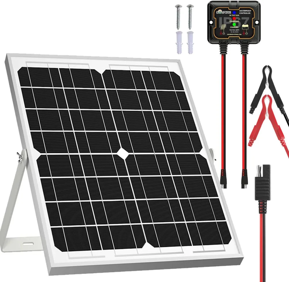 SOLPERK Solar Panel Kit 20W 12V, Solar Battery Trickle Charger Maintainer + Upgrade Controller + Adjustable Mount Bracket