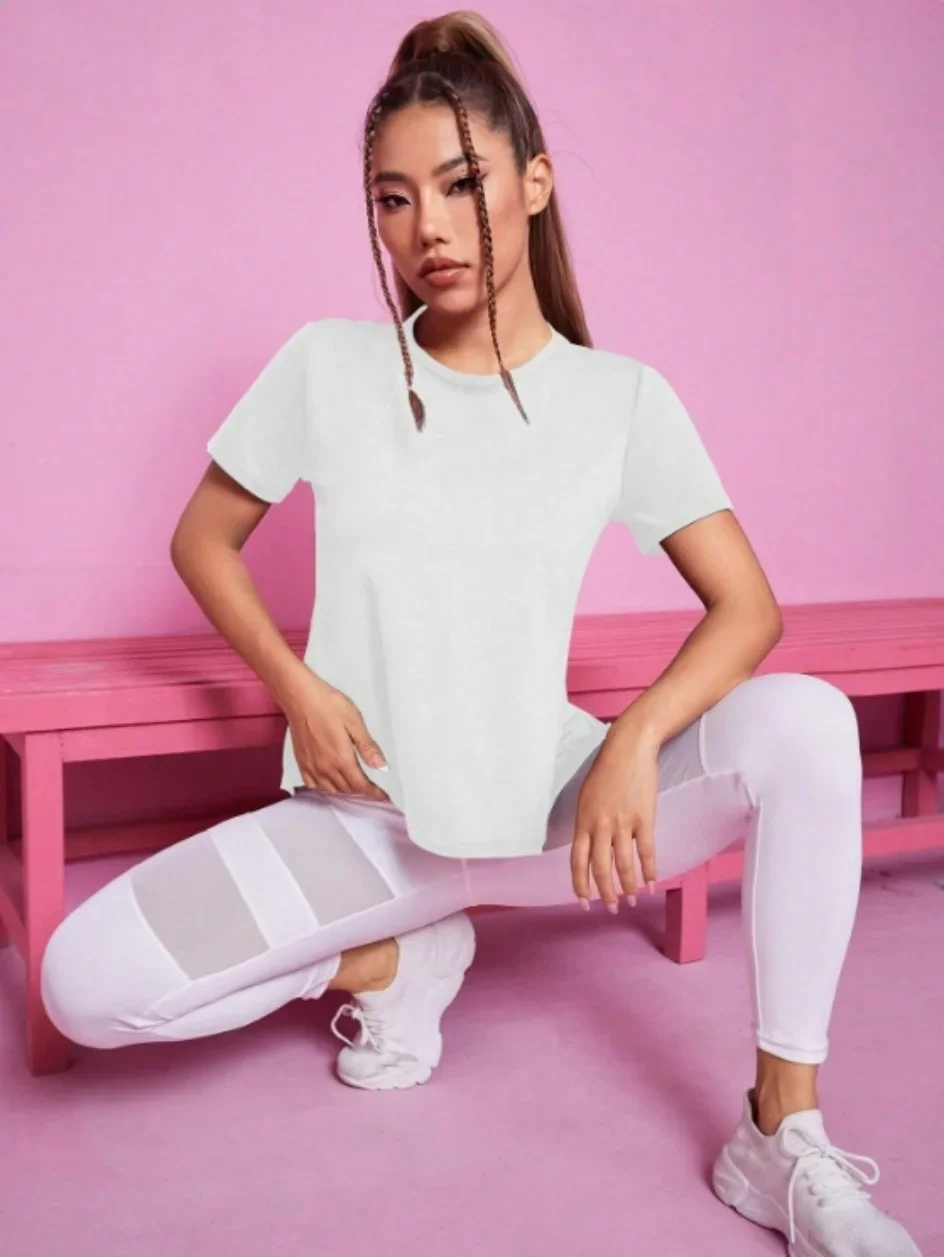 Yoga-Outfit Damen Sommer Sport-T-Shirt Locker Atmungsaktiv Schnelltrocknendes Oberteil mit Netzrücken für Training und Fitness Kurzarm – Detail 10