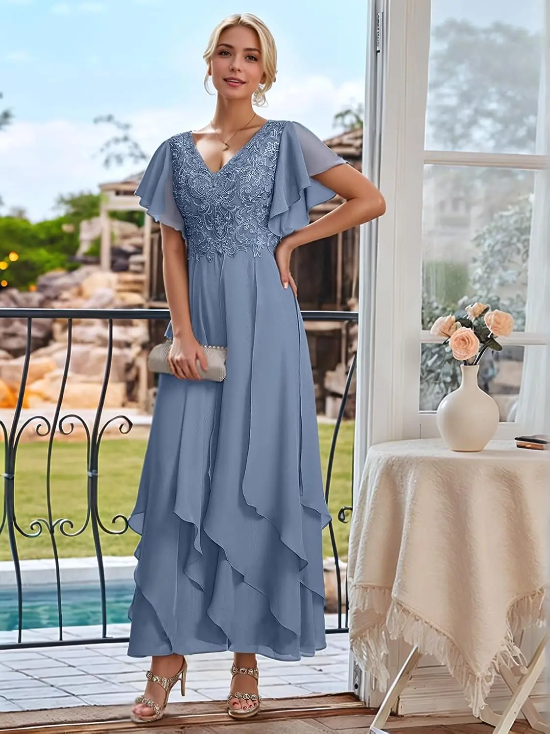 

Lace Mother of Bride Dresses for Wedding Short Sleeve Ruffle Chiffon Ankle Length Formal Evening Gown for Women