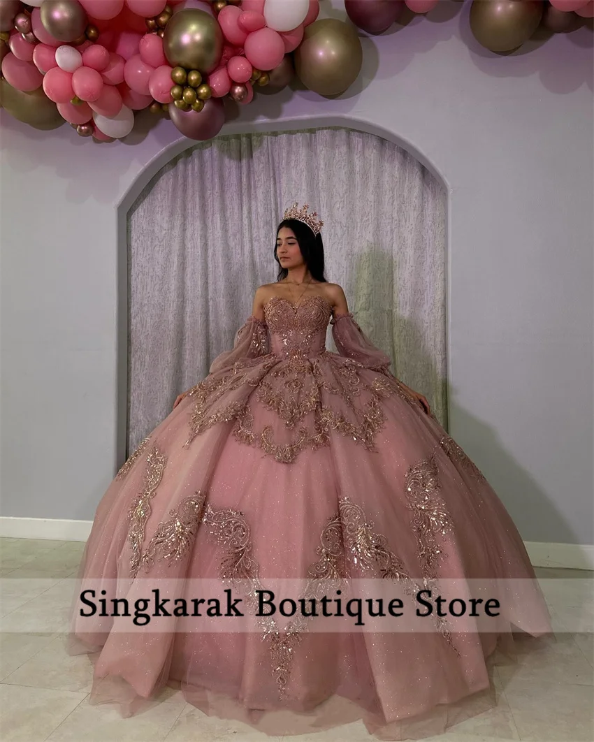 Exquisite Dust Pink Quinceanera Dresses 2024 Ball Gown Bead Sequins Applique Dresses Birthday Gown Sweet 16 Dress Customized 