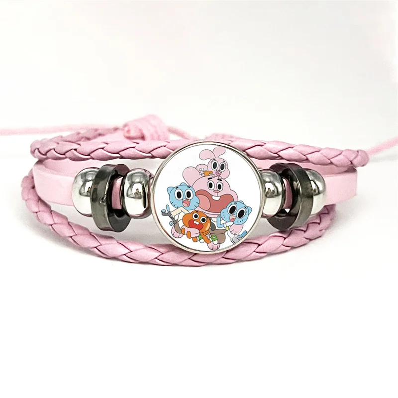 Cartoon World Gumball Kawaii Darwin And Anais Pink Leather Bracelet Glass Cabochon Button Multilayer Bangles Wristband Gift