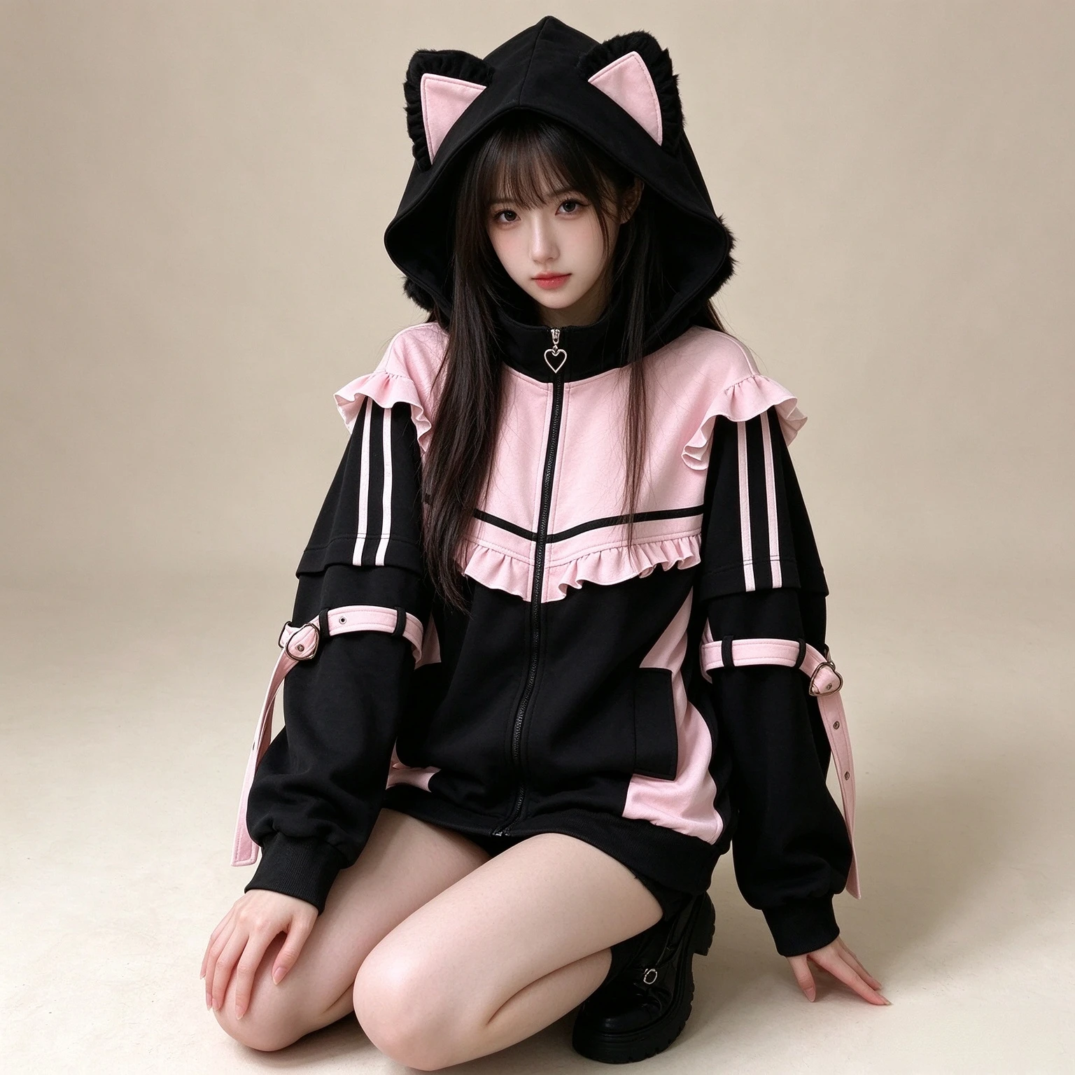 Women Cute Cat Ear Hooded Zip Up Jacket, Kawaii Ruffle Color Block Sweatshirt, Y2K Gothic Strap Decor Casual Streetwear Coat