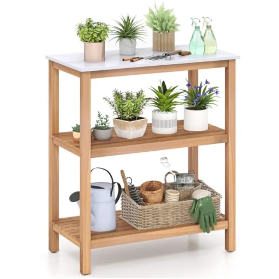 3-Tier Outdoor Potting Bench, Acacia Wood Planting Workstation with Faux Marble Tabletop, Open Storage Shelves, 300LBS Capacity