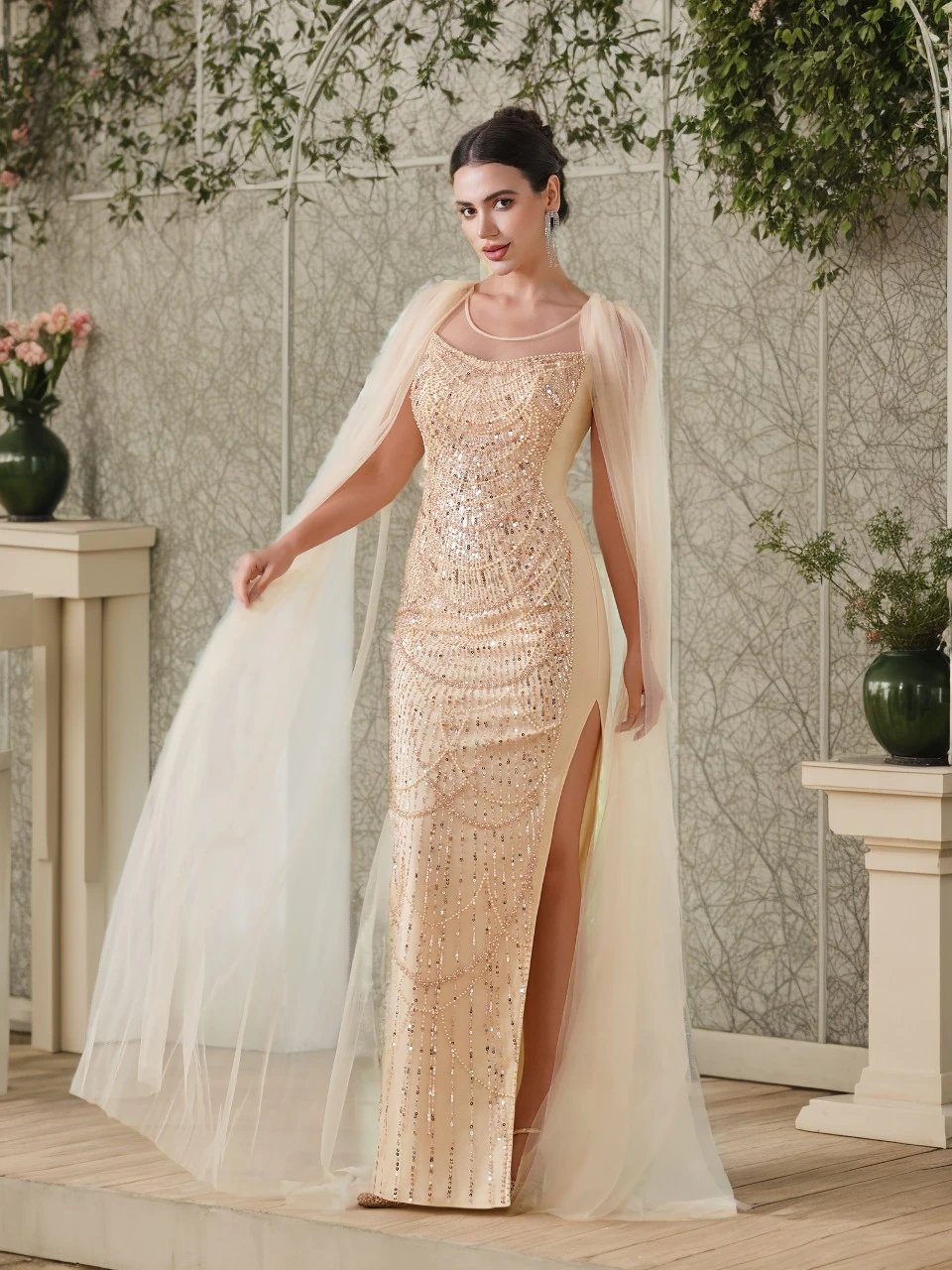 Luxury Champagne Evening Dress Illusion Scoop Neck Mermaid Dress With Tulle Cape Sleeve Sequine Beaded High Slit Maxi Prom Gown