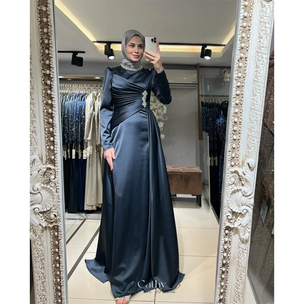 Cathy Navy Blue Satin فساتين سهرة High Neck A-line Modest Prom Dresses Elegant Long Sleeves Detachable Train Saudi Arabia 2024