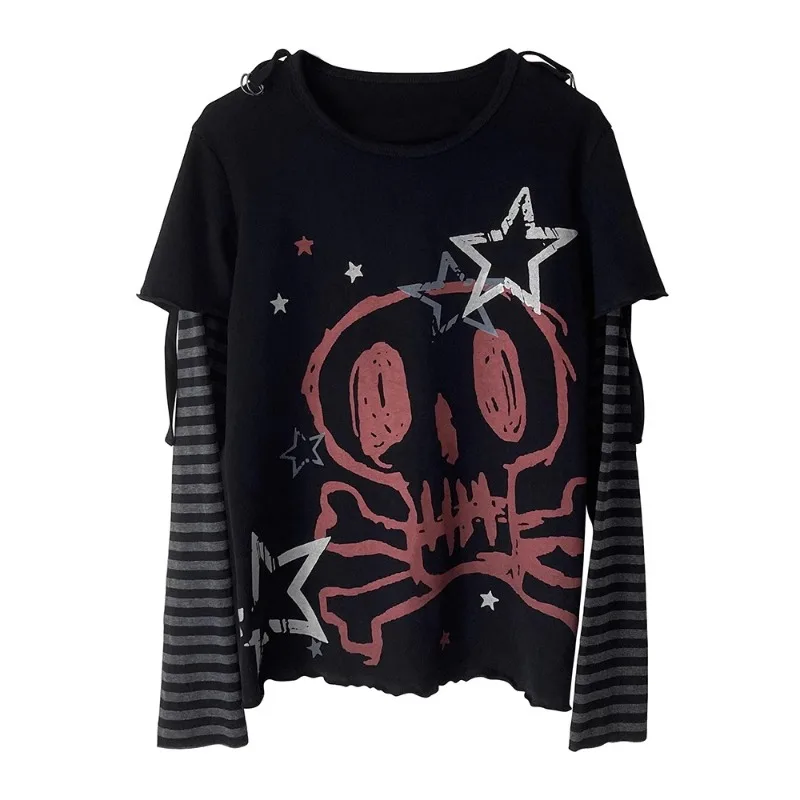 

Subculture Punk Skull Print Long Sleeve T-shirt Harajuku Rock Casual Harajuku Top Woman Striped Fashion Gothic Black Shirts