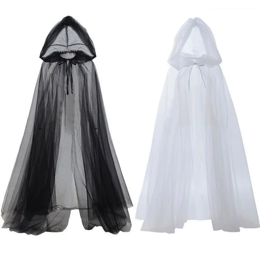 Costume d'Halloween - Déguisement de fantôme avec cape à capuche, robe longue en résille de sorcière déesse de la mort, tenue de performance intégrale