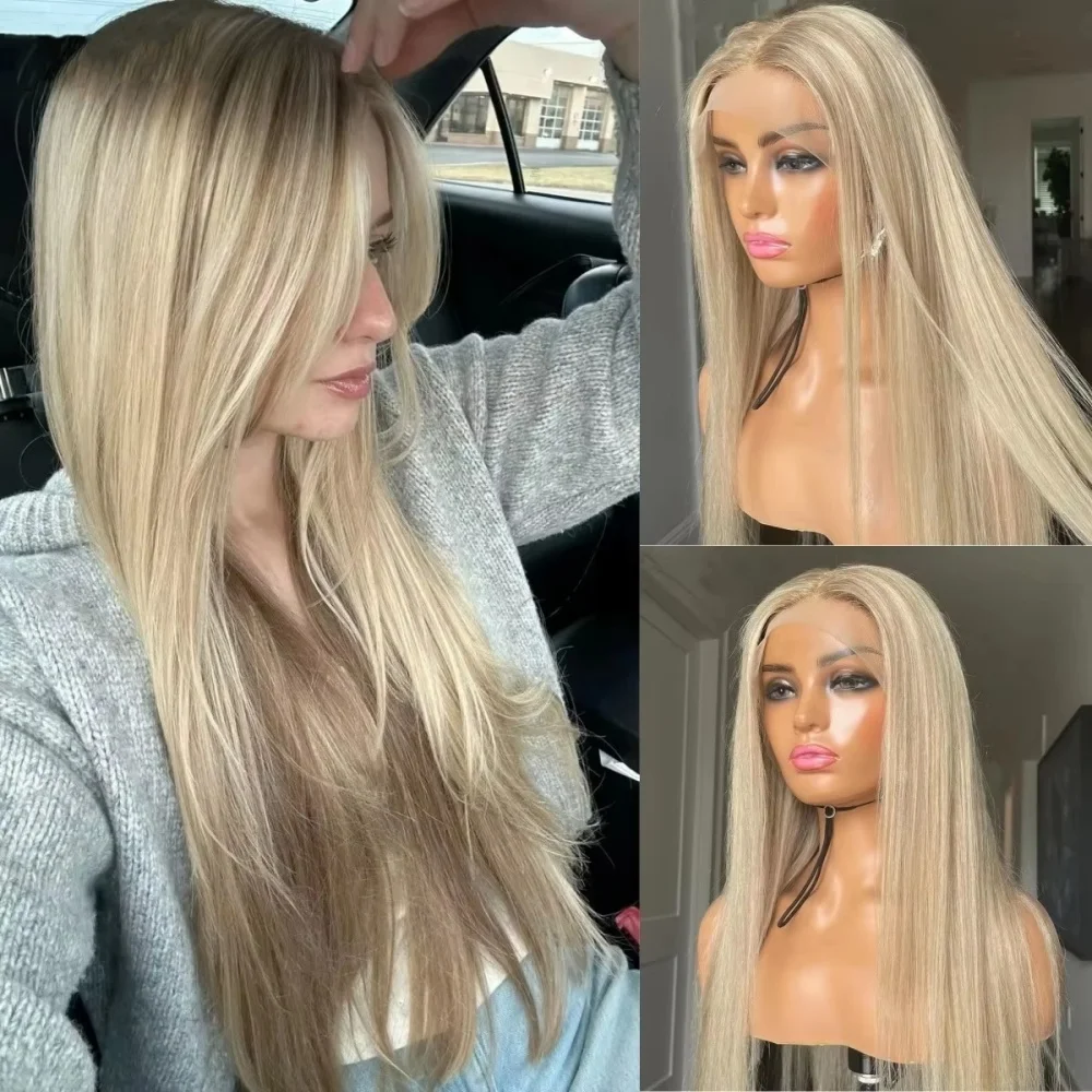 Realistic Look Rooted Glueless Wigs Ombre Ash Platinum Blonde Highlights Synthetic Lace Front Wig 13x4 Straight Wig For Women