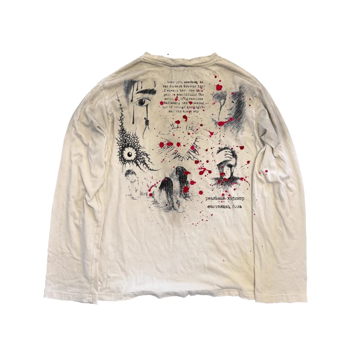 Vintage Washed Long Sleeves T-Shirt Summer Graffiti Printed Destroyed Dirty T Shirt Hip Hop Streetwear Cotton Tops Tees
